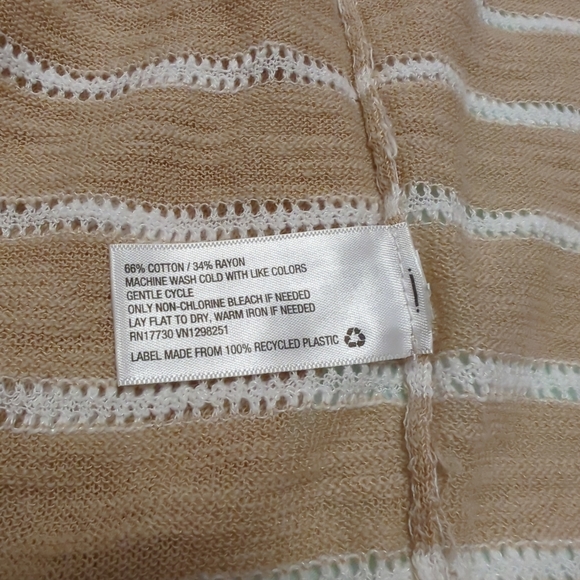 Tan White Stripe Open Front Cardigan Neutral Lightweight Medium Size US - Picture 4 of 5